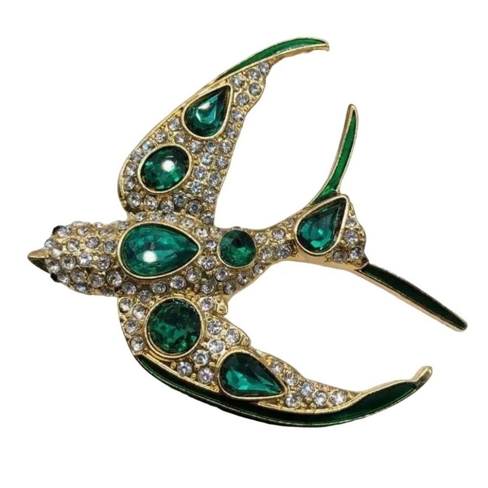 Gold & Green Rhinestone Encrusted Bird Brooch Pin Classic Style